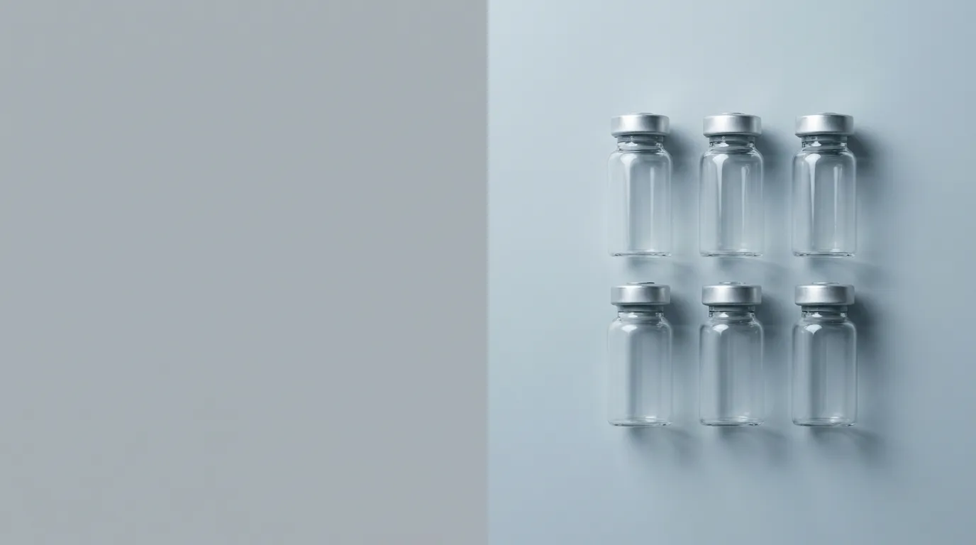 Six identical blank glass vials arranged in a grid on a pale grey surface