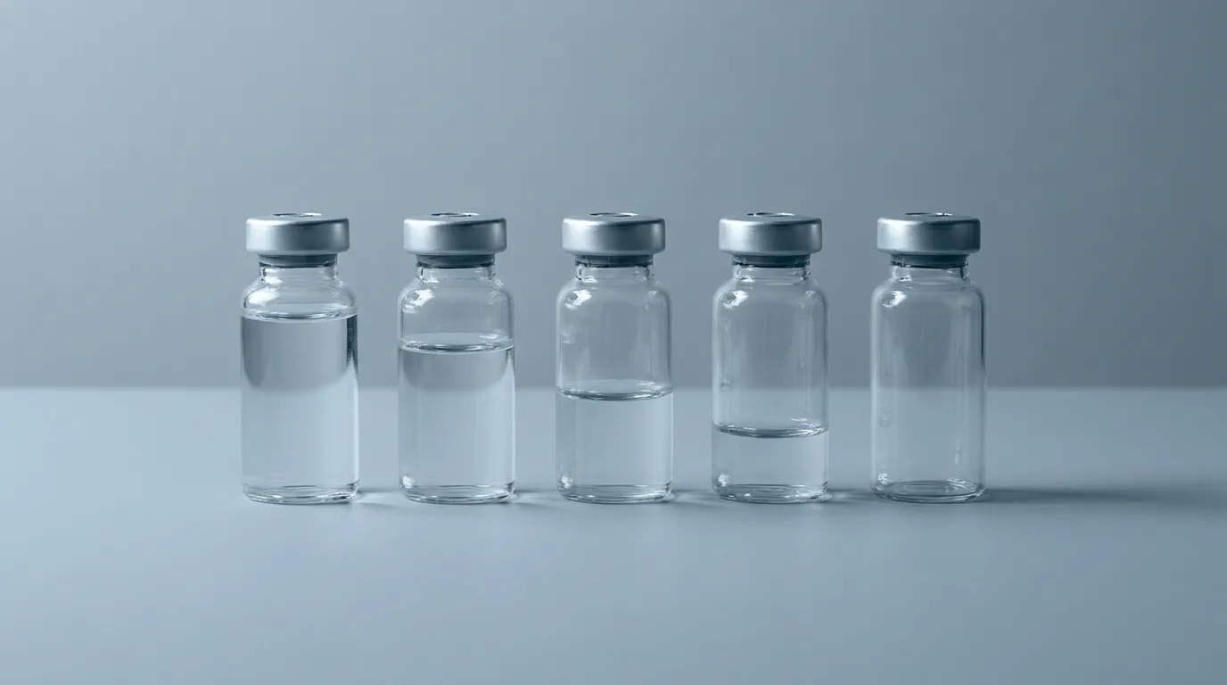 Five identical blank glass vials in a row, each filled to a different level