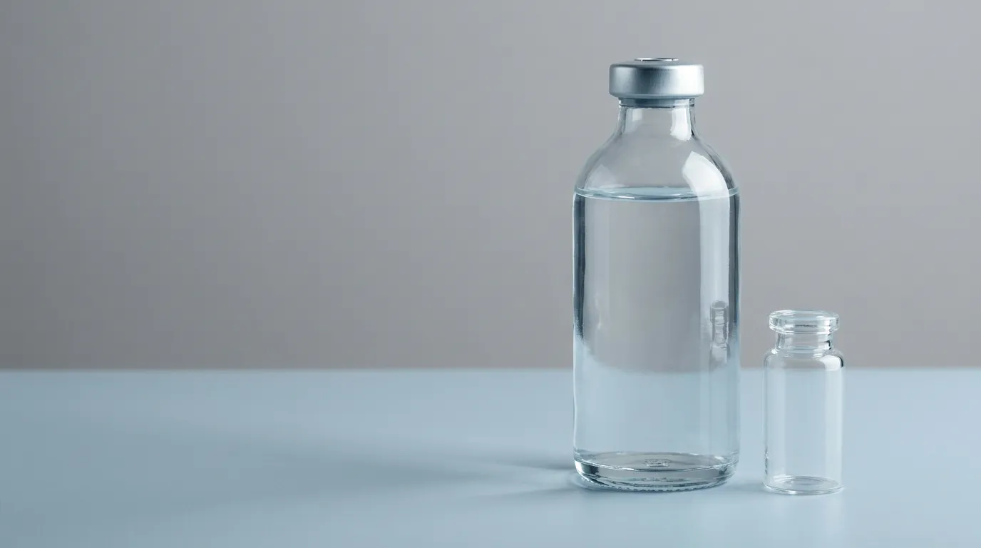 A blank bottle of clear liquid beside an empty glass vial on a pale grey surface